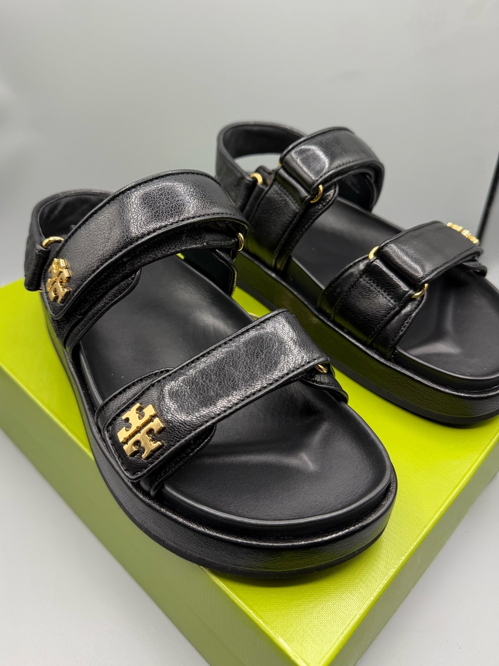 Tory Burch Black Leather Velcro Platform Sandals with Gold Logo